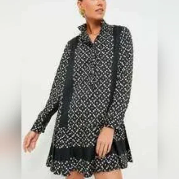 Tuckernuck Black Geo Tate Dress XS Tencel Long Sleeve Drop Waist Mini Flirty New - Picture 2 of 2